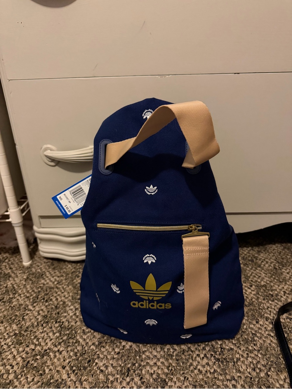 adidas Navy Sling Backpack with Tan Strap and Gold Logo